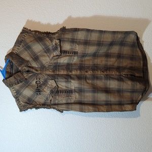 Harley Davidson faded plaid blowout sleeveless brown shirt button whip stitching